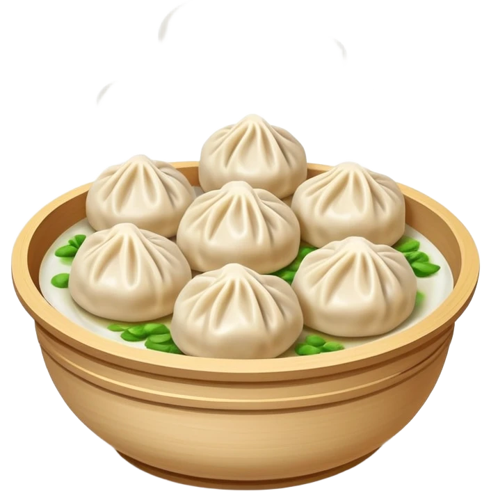 Hangzhou Xiaolongbao steamed soup dumplings with steam rising, simplified emoji style with bold outlines and bright colors, cartoon style Zhejiang specialty emoji