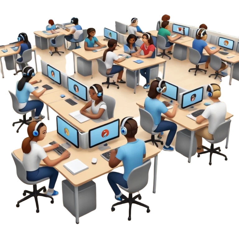 Birdseye view of large study space with students working separately add students wearing Vision Pro headsets emoji