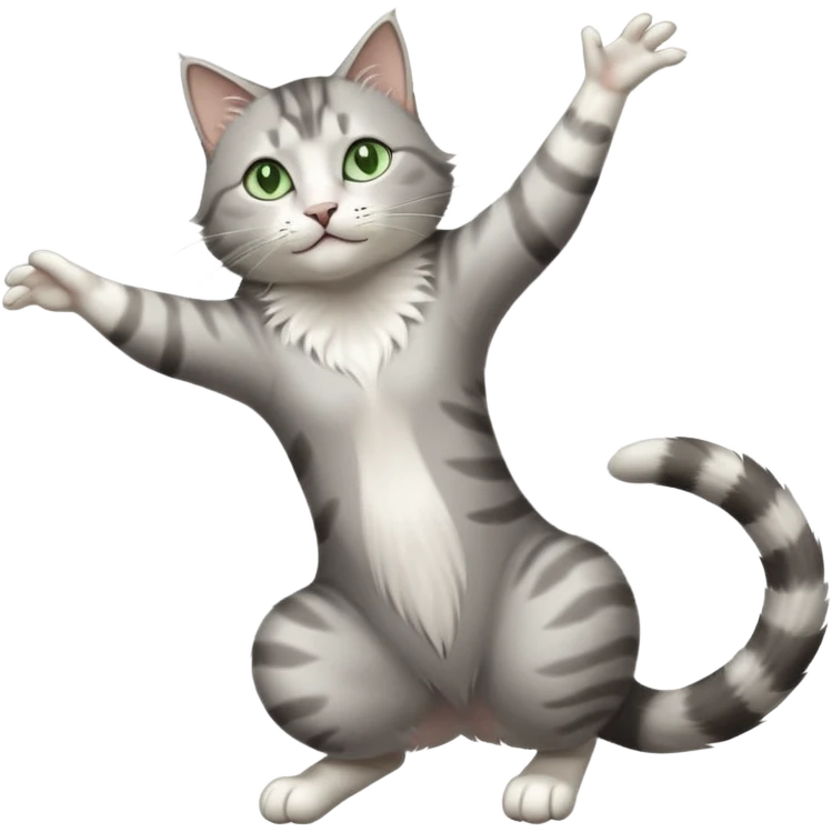 grey and white cat with green eyes doing a big extremely long stretch reaching up into the air with arms and legs side by side together straight and overextended whilst lying on its side emoji