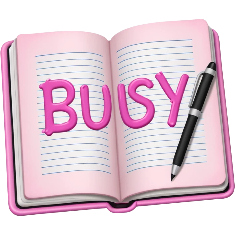 open pink book and note pen add on it the word BUSY emoji