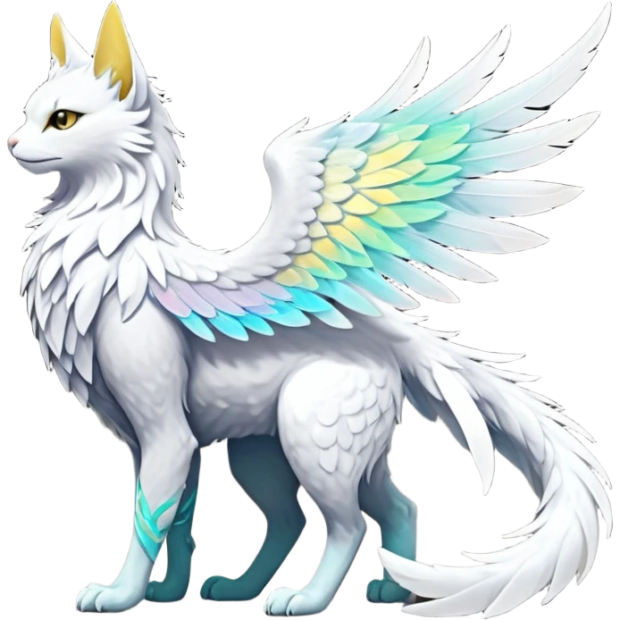 Ethereal Divine White Iridescent Colorful Exotic White, Gold, Yellow, Silver, Beaked Feathery Nocturnal Neon-glowing Abyssal Lightly Heaven-Cat-Gryphon-Suicune-Nargacuga-Silvally-Vernid-Sergal-Fakémon-Hybrid-Creature with tufted tail (full body) emoji