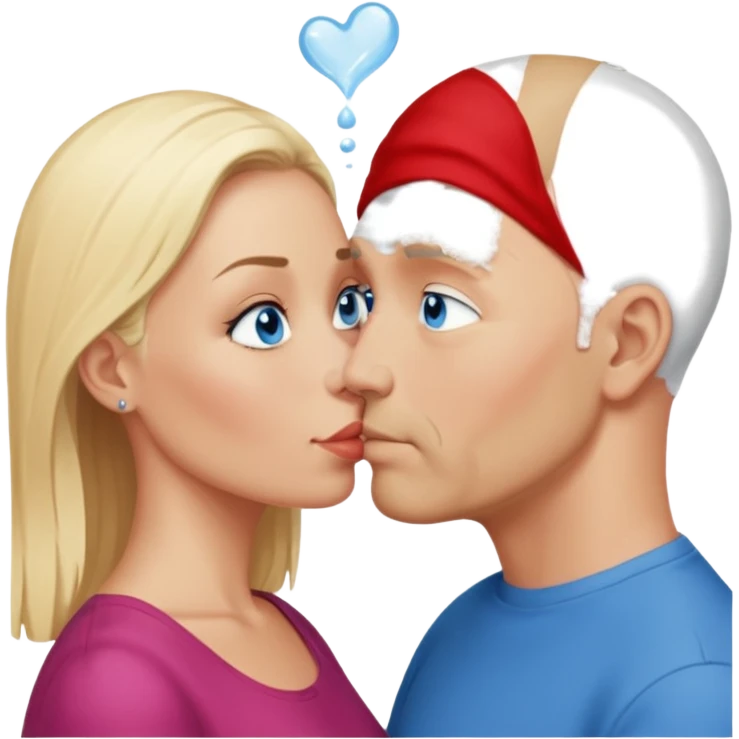 middle age bald man with salt and blonde scruff, blue eyes and blonde woman with blue eyes kissing each other emoji