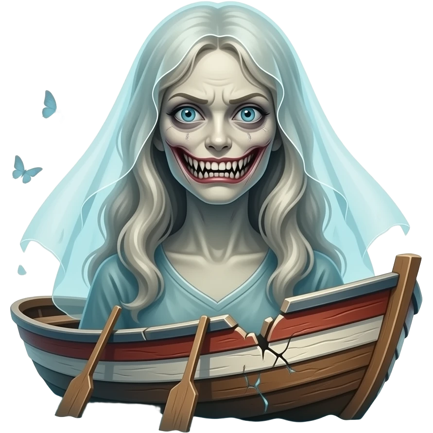cinematic  - a broken boat with a terrifying female apparition around which a transparent veil flutters hovers emoji