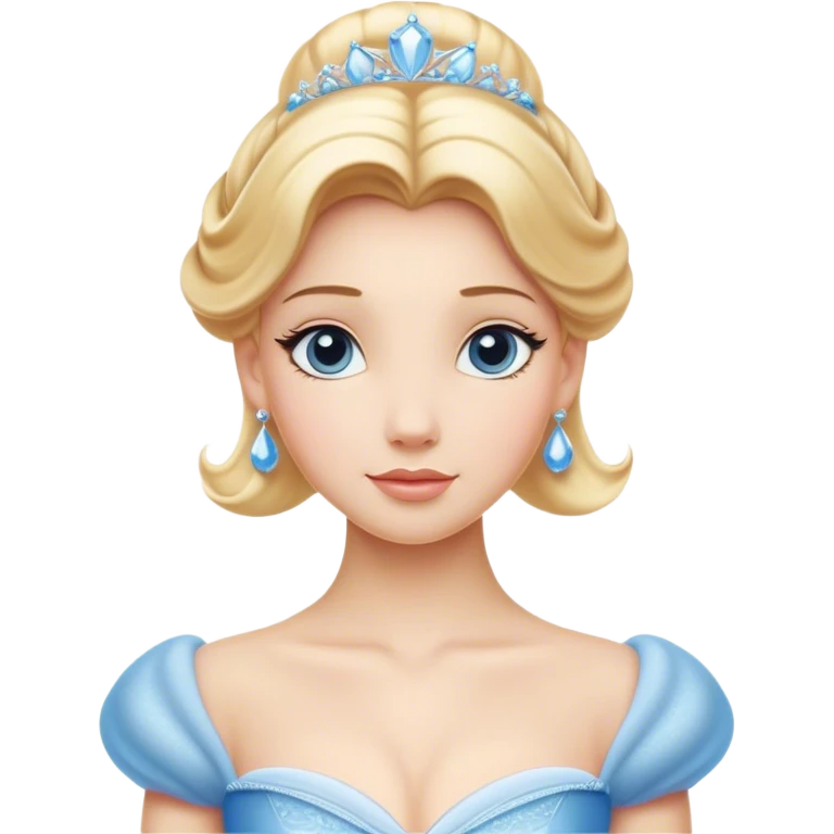 Cinematic Elegant Cinderella Portrait Emoji, rendered in a beautifully detailed, vector-style with minimal shading and bold, simplified shapes. Depict Cinderella in her classic ball gown (chest and above) with fair, porcelain skin and elegantly styled blonde hair, her eyes soft and kind, and her expression serene and graceful. The design glows with a gentle, enchanting radiance and high shine, capturing the timeless beauty of a fairy tale princess. emoji