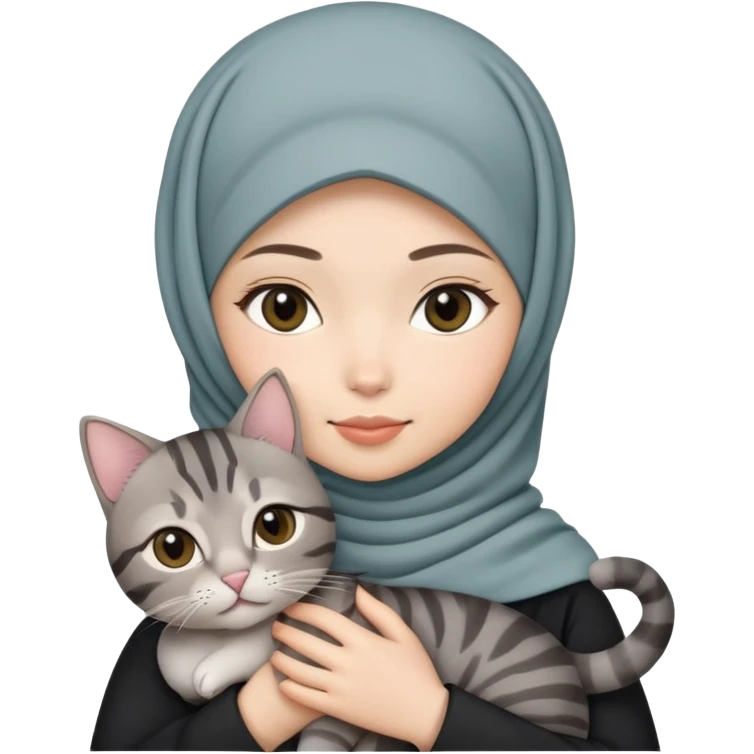 Asian white Hijab girl holding a black grey tabby cat emoji