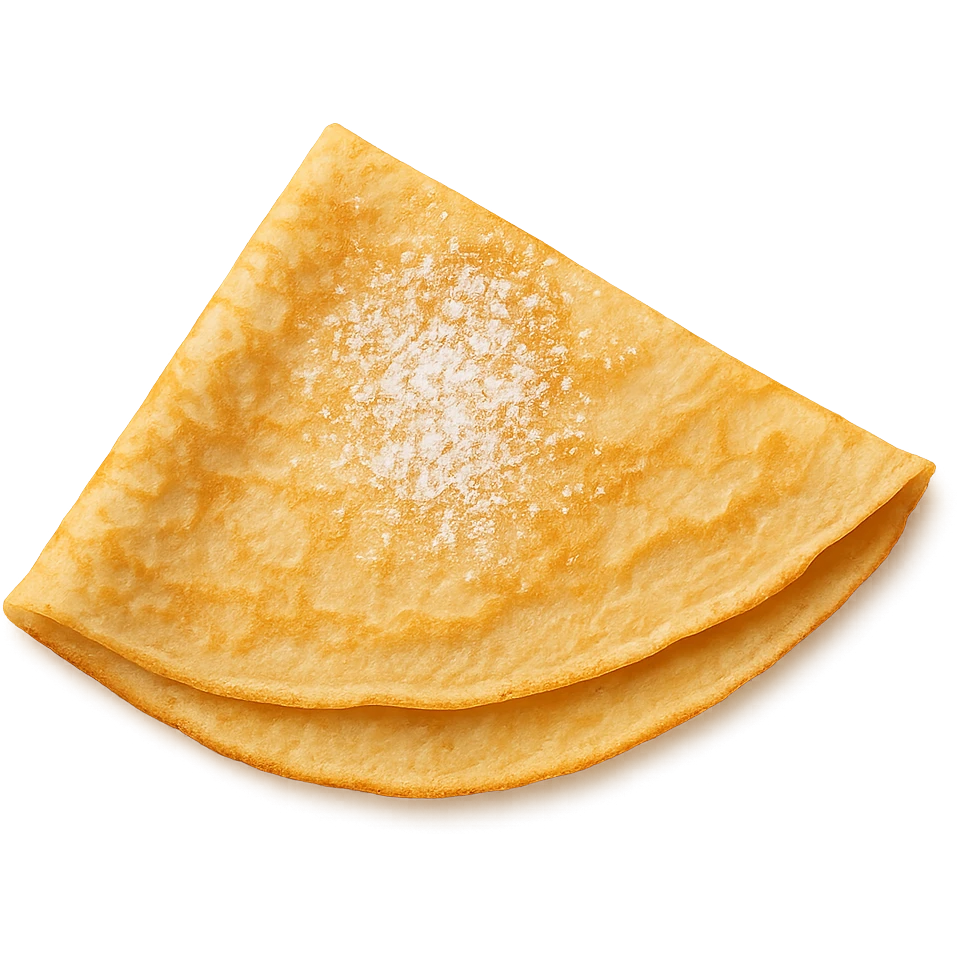 a classic French crepe, thin and golden, folded with a hint of powdered sugar on top emoji