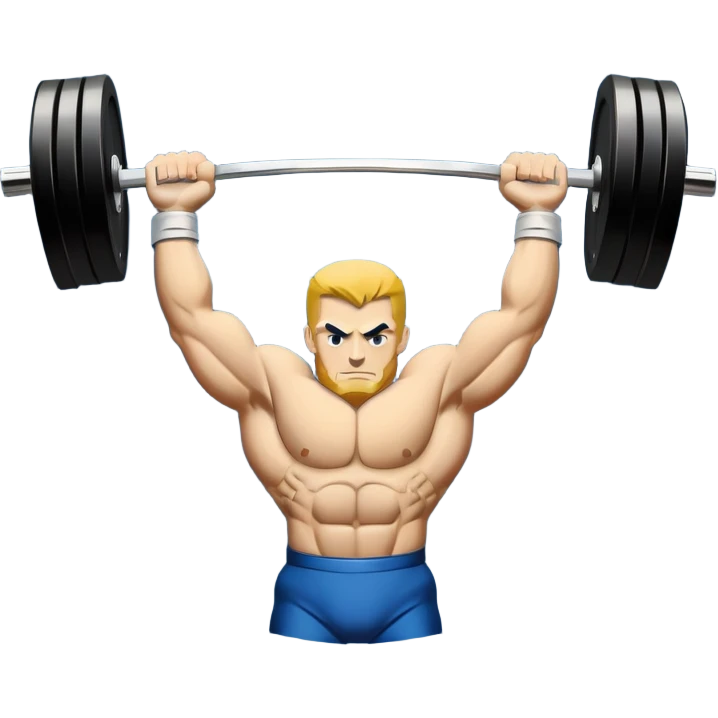 Powerlifting emblem featuring a stylized barbell with heavy weights on each side, flanked by muscular arms gripping the bar. The design is bold and dynamic, symbolizing strength and determination. The background is minimal, focusing on the emblem itself, with a sleek and professional look.  emoji