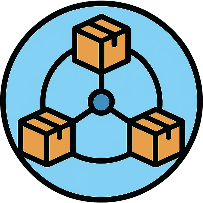 blue network in a circle form with brown packages at intersection points emoji