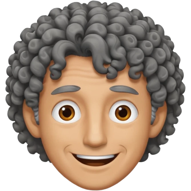 man curly black gray hair. crazy smile and tired eyes. emoji