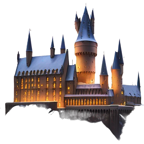 Hogwarts castle covered in snow, with warm lights glowing from the windows, creating a cozy, magical holiday scene emoji