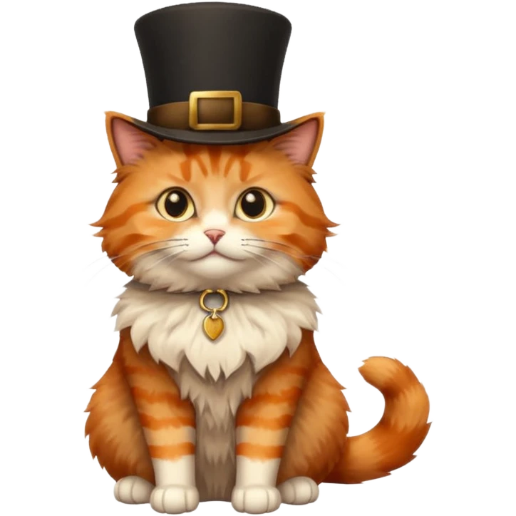 bright orange, black, and brown fluffy cat with a brown tophat, sitting emoji