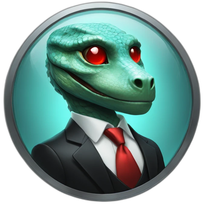 Aquamarine reptilian in classic black suite with red laser eyes on the platinum coin emoji