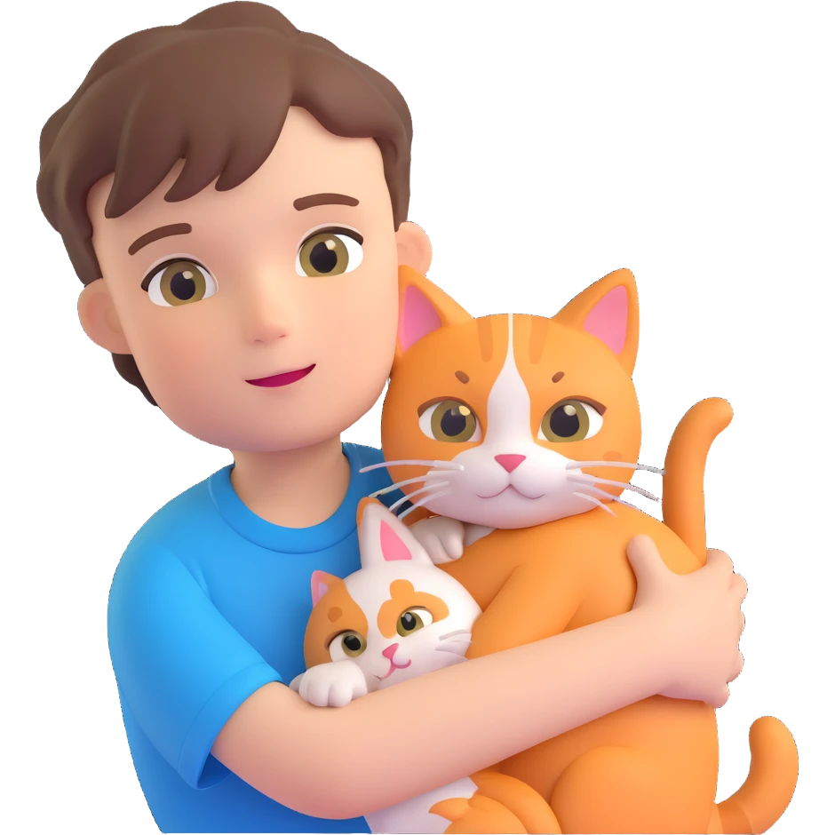boy and cat pet in forrest background, close up pose emoji