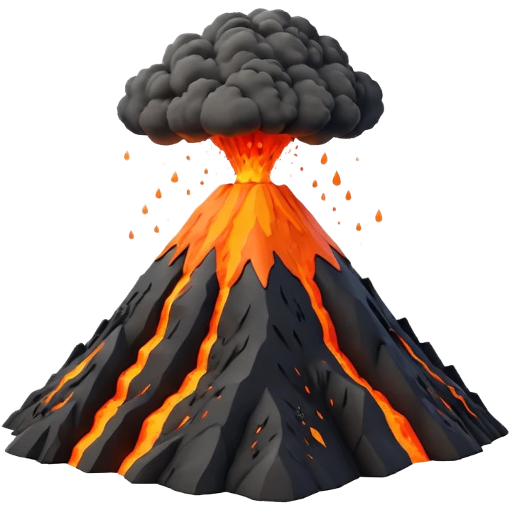 3D render of Volcano, miniature weather phenomenon, volumetric particle effects, mountain with orange lava and black ash smoke, elemental energy, emoji style, isolated on white background --v 6.0. emoji