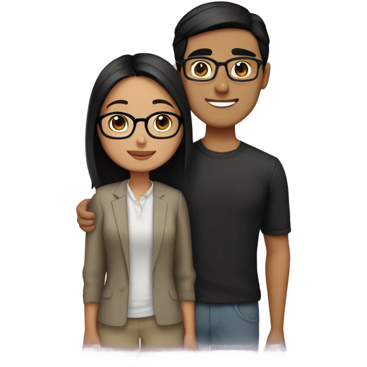 An Pakistani Asian girl with glasses and dark brown eyes and mid length black hair hugging a Pakistani guy who is the same height as her who also wears glasses with dark brown eyes with black hair that is slicked back emoji
