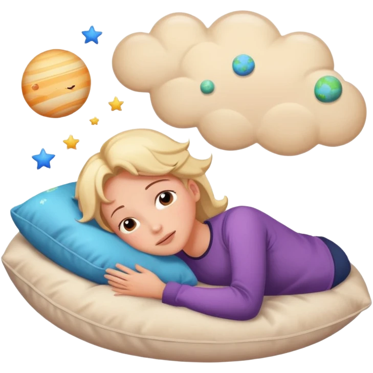 a person lying down with a pillow, dreamy expression, thought bubble with stars and planets emoji