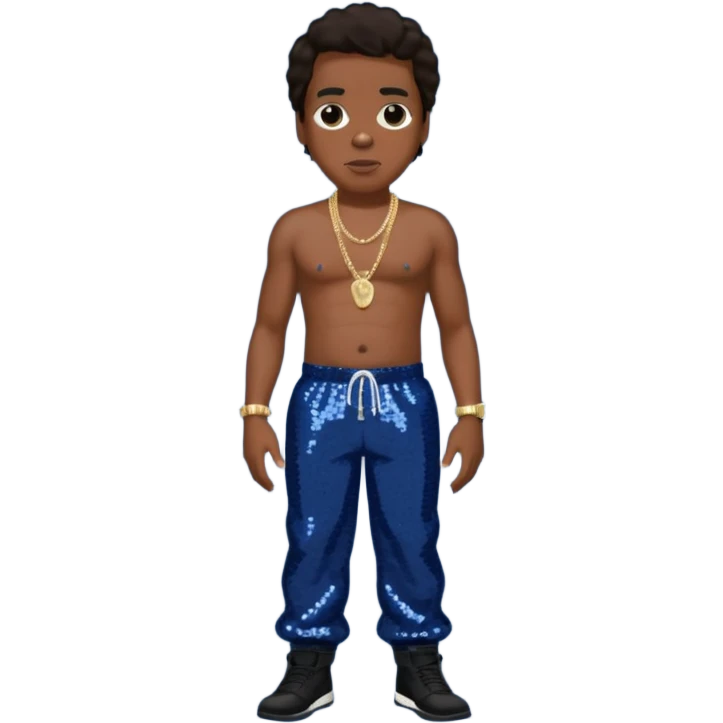 Jay-Z with dark brown hair, dark blue sequin baggy pants, shirtless with necklace  emoji