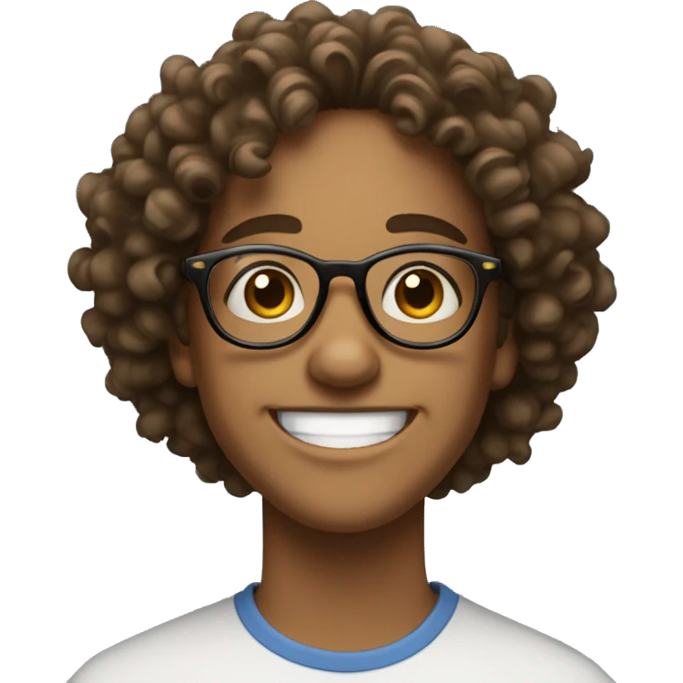 college student, fair skin, round glasses, big smile, curly hair emoji