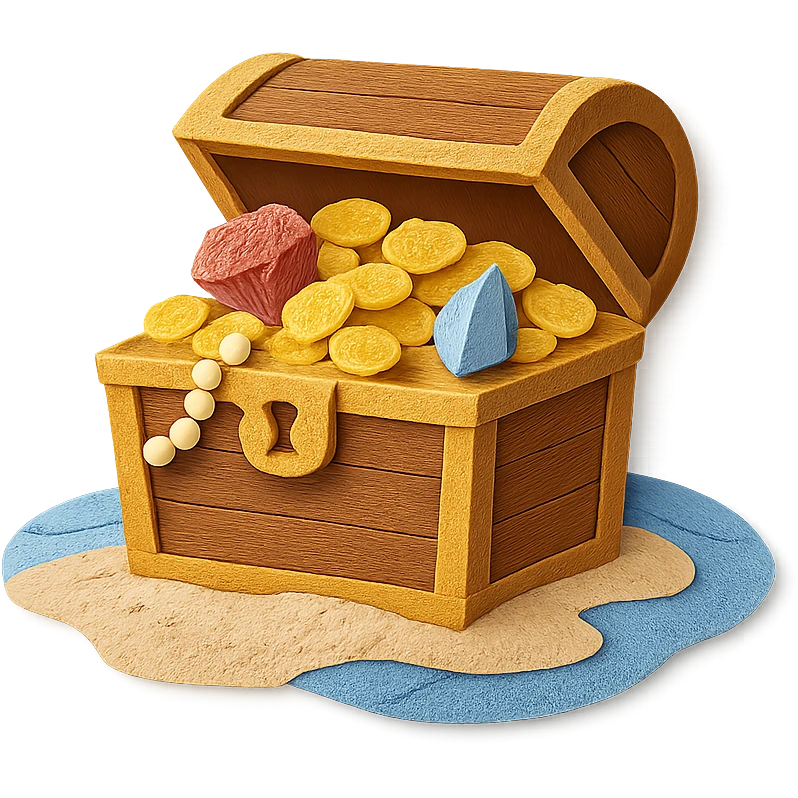 illustration of a treasure chest overflowing with gold coins and jewels on a sandy beach, paper-craft style emoji