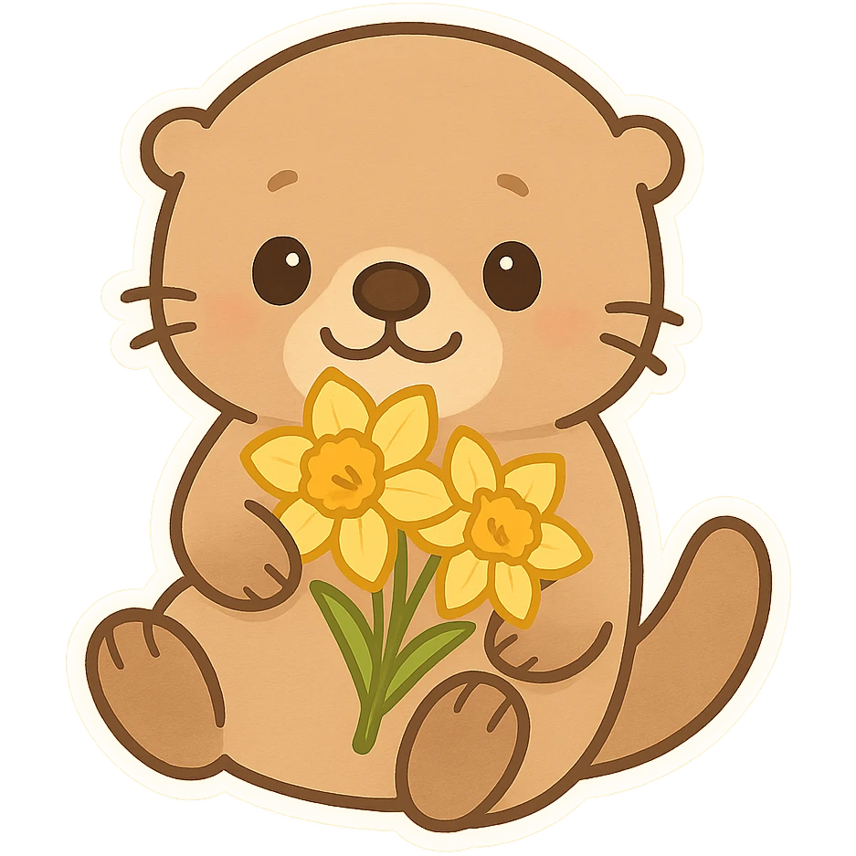 Sea otter with daffodils on its belly, cartoon style, Q version sticker style, simple and cute emoji