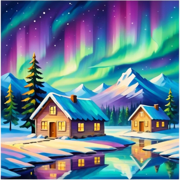 Northern lights with colors, cozy atmosphere in afremov style emoji