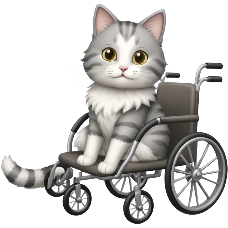 grey and white cat in a cat wheelchair emoji