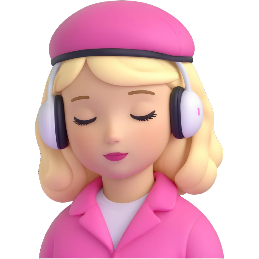 blonde American girl wearing a pink beret and AirPods Max headphones, listening to music with closed eyes emoji