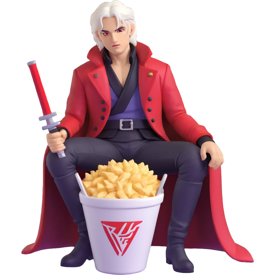 Dante from Devil May Cry sitting in a KFC bucket, red coat, white hair, rebellion sword emoji