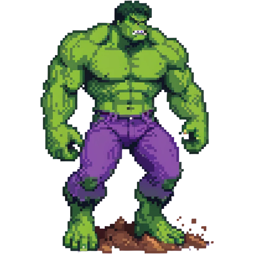 dynamic pose of Hulk from Marvel, smashing ground, green skin, purple pants emoji
