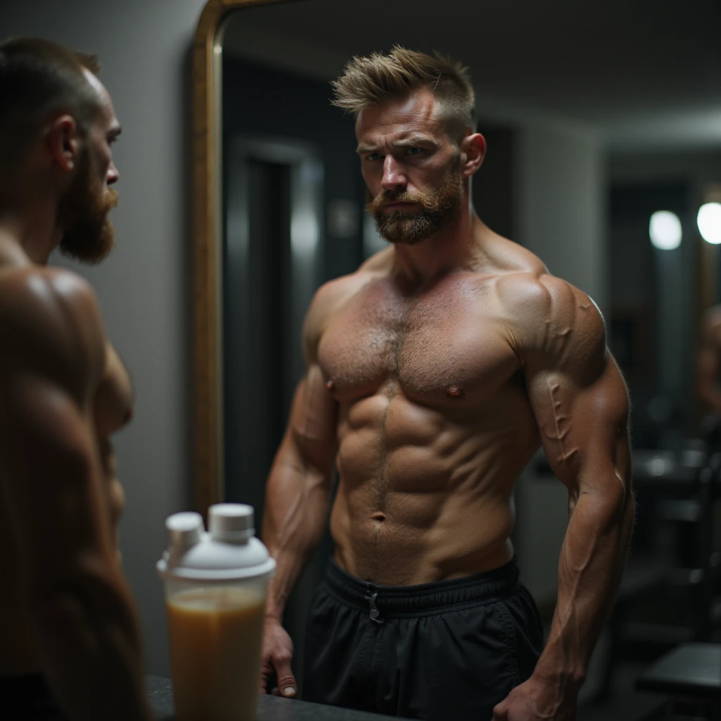 realistic bodybuilder man in cutting phase, standing in front of mirror, smaller and deflated muscles, visible but less full veins, doubtful look, gym background with dim light, protein shaker on bench emoji