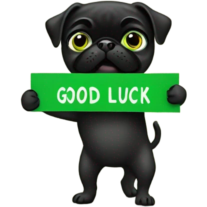 Black pug holding a green sign that says good luck  emoji