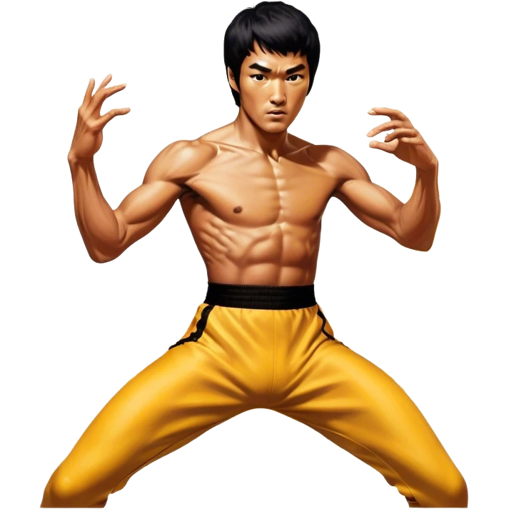 Cinematic Realistic Bruce Lee Portrait Emoji, depicted as a dynamic martial arts icon with an intense gaze and athletic physique caught in a fluid motion, rendered with vivid textures and energetic lighting that embodies his legendary prowess. emoji
