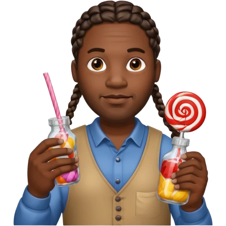 Big black man with braids hold a bottle and a lollipop emoji