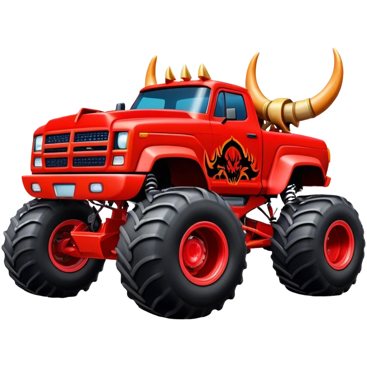 El Toro Loco - Monster Jam (Model Year: 2022) (Iconic colour: Red with horns) - An eye-catching monster truck with a wild, rebellious design in bold red. Include stylized, large horn graphics and aggressive facial elements that evoke a bull-like, ferocious appearance, exuding daring and unstoppable force. emoji