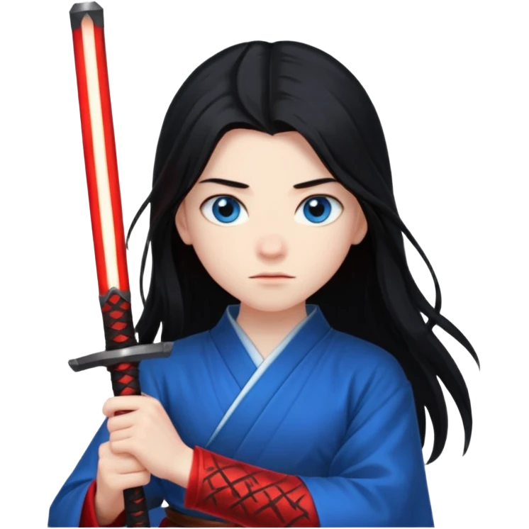 A 14 year old with red glowing katana and his hair be long and eye colour of blur emoji