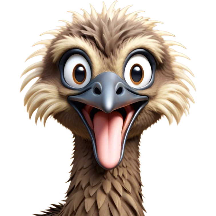 Cinematic Cute Yawning Emu Portrait Emoji, Head tilted slightly with a dramatic, wide-open yawn, showcasing a soft, downy brown plumage with gently drooping feathers and eyes barely open in drowsy contentment, Simplified yet irresistibly adorable features, highly detailed, glowing with a soft, cozy glow, high shine, relaxed yet expressive, stylized with a touch of outback charm, bright and endearing, soft glowing outline, capturing the essence of a sleepy yet affectionate emu, so drowsy it feels like it could stretch out of the screen and curl up for a nap! emoji