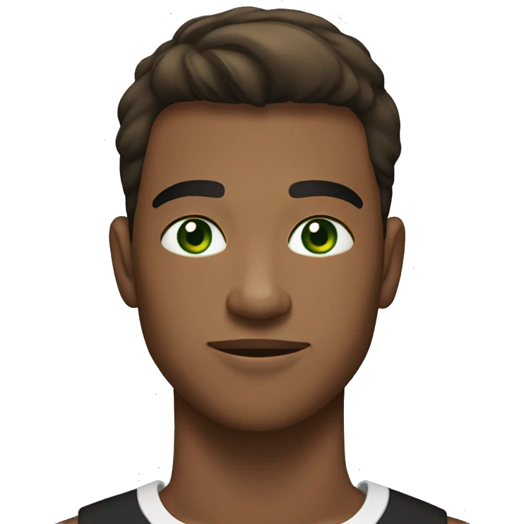 21 year old man, short straight hair, brown color, green eyes, athletic body, dressed in a black T-shirt. emoji