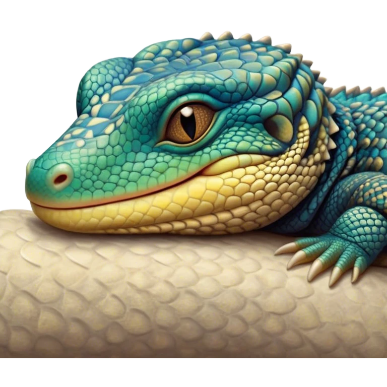 Meme-Worthy cute Sleeping Monitor Lizard Portrait Emoji, Head resting peacefully with a contented smile, showcasing intricately patterned scales and eyes gently closed in serene slumber, Simplified yet comically adorable features, highly detailed, glowing with a soft, drowsy earthy light, high shine, relaxed and utterly lovable, stylized with an air of playful laziness, bright and heartwarming, soft glowing outline, capturing the essence of a sleeping reptilian guardian that feels destined to become the next viral icon of adorable rest! emoji