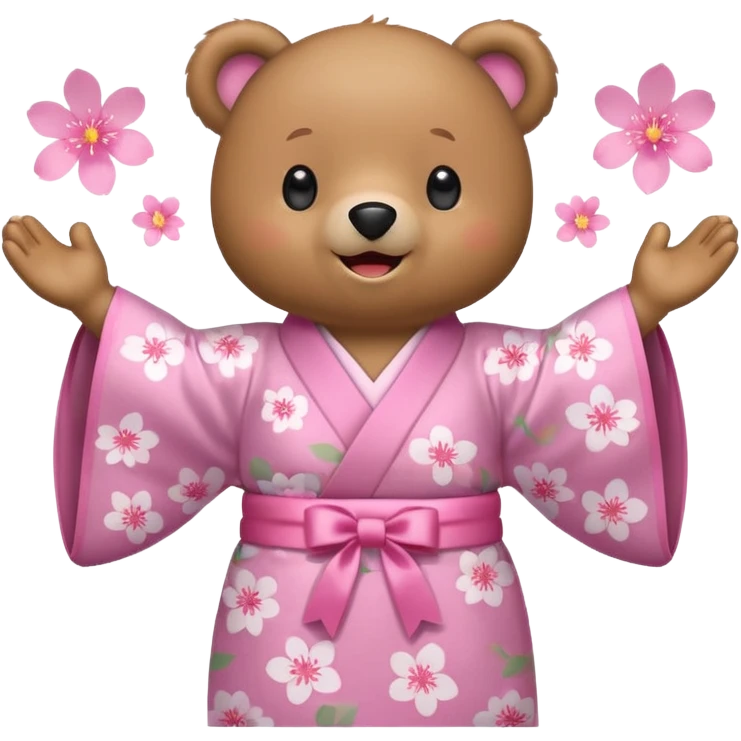A cute light-brown bear wearing a pastel pink sakura-patterned kimono with a small ribbon on the back, normal balanced head and body ratio, joyful excited expression with sparkling round eyes and a wide happy smile, arms raised in excitement, a few pink sakura petals floating around emoji