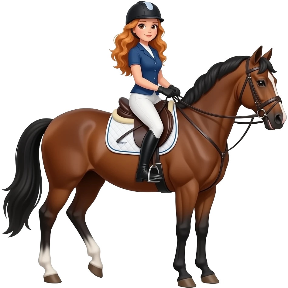 ginger hair equestrian 25 year old elite woman with wavy hair and brown eyes riding an elite horse emoji