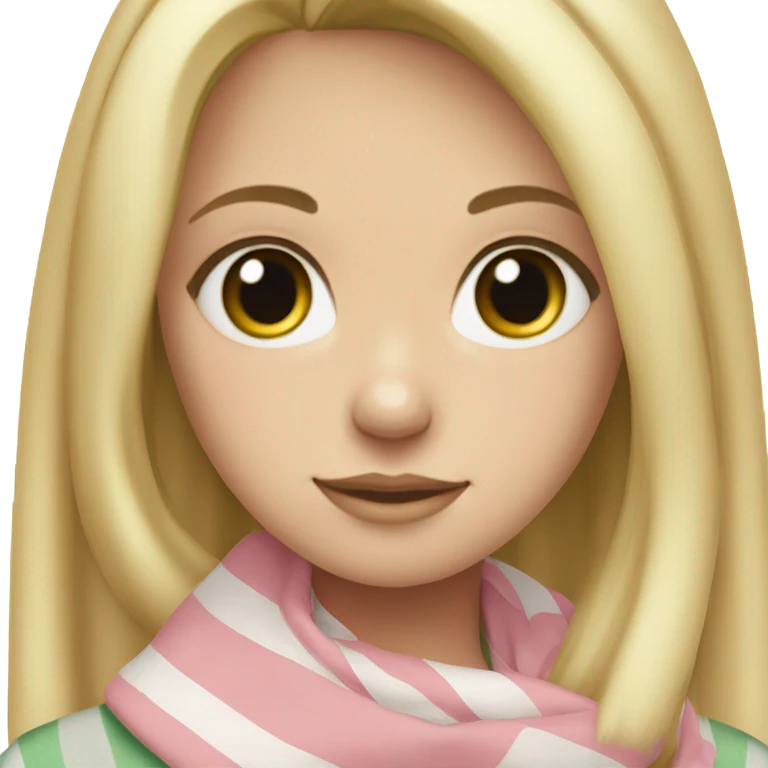 Blonde girl with blue eyes eyelashes no lipstick in a light pink shirt with gray and green thick stripe scarf emoji