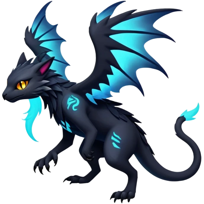 Black Dark Exotic Beaked Feathery Nocturnal Neon-glowing Abyssal Nightly Abyss-Cat-Gryphon-Salandit-Silvally-Fakémon Creature (full body) emoji
