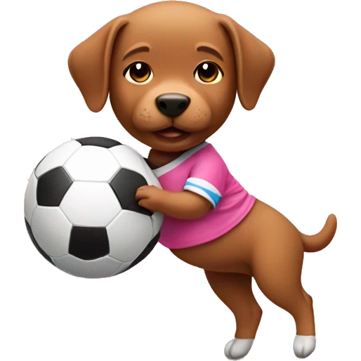 Baby riding a dog who is playing soccer in a pink jersey and heading a ball emoji