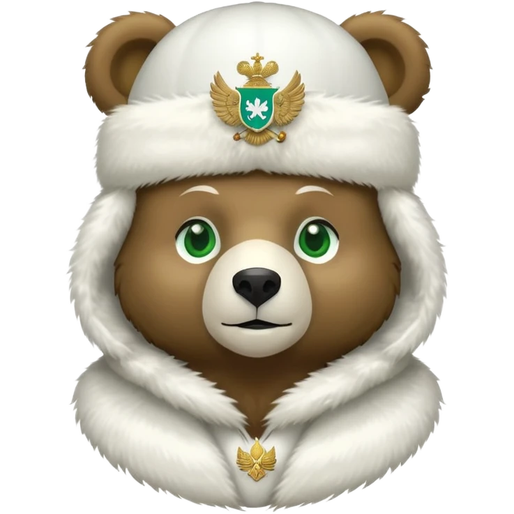 Cute stylized bear with green eyes, white fur hat with basic Russian coat of arms featuring double-headed eagle, minimalist iOS emoji style emoji