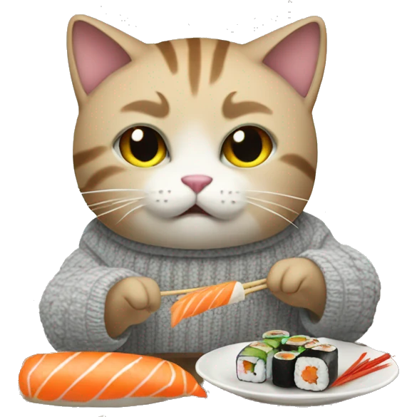 A cat wearing a sweater eating sushi  emoji
