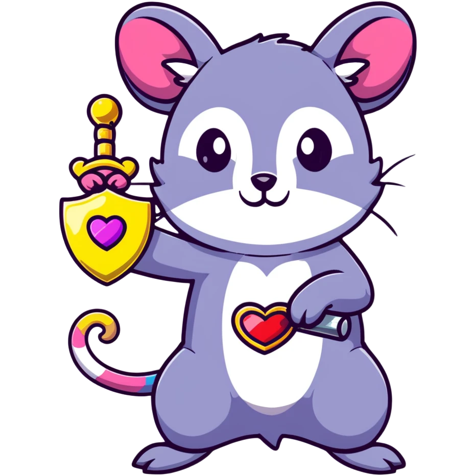 A rainbow-colored possum in heroic pose holding a jewel-encrusted sword, with glitter, hearts, and neon colors emoji