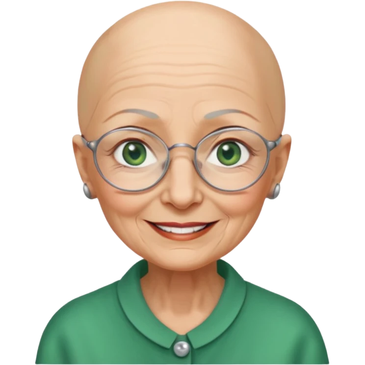 Bald old woman smiling green eyes wearing frameless glasses emoji