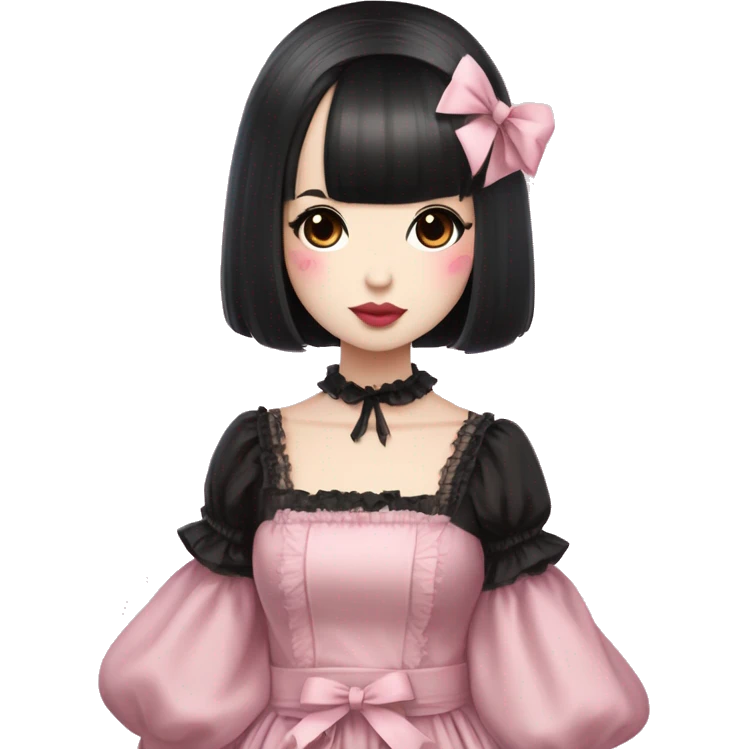 Japanese pale woman with short black hair and bangs, pink lips and eyeshadow, long eyelashes, brown eyes, pink Lolita dress with laces and ribbons, gothic Lolita doll look emoji