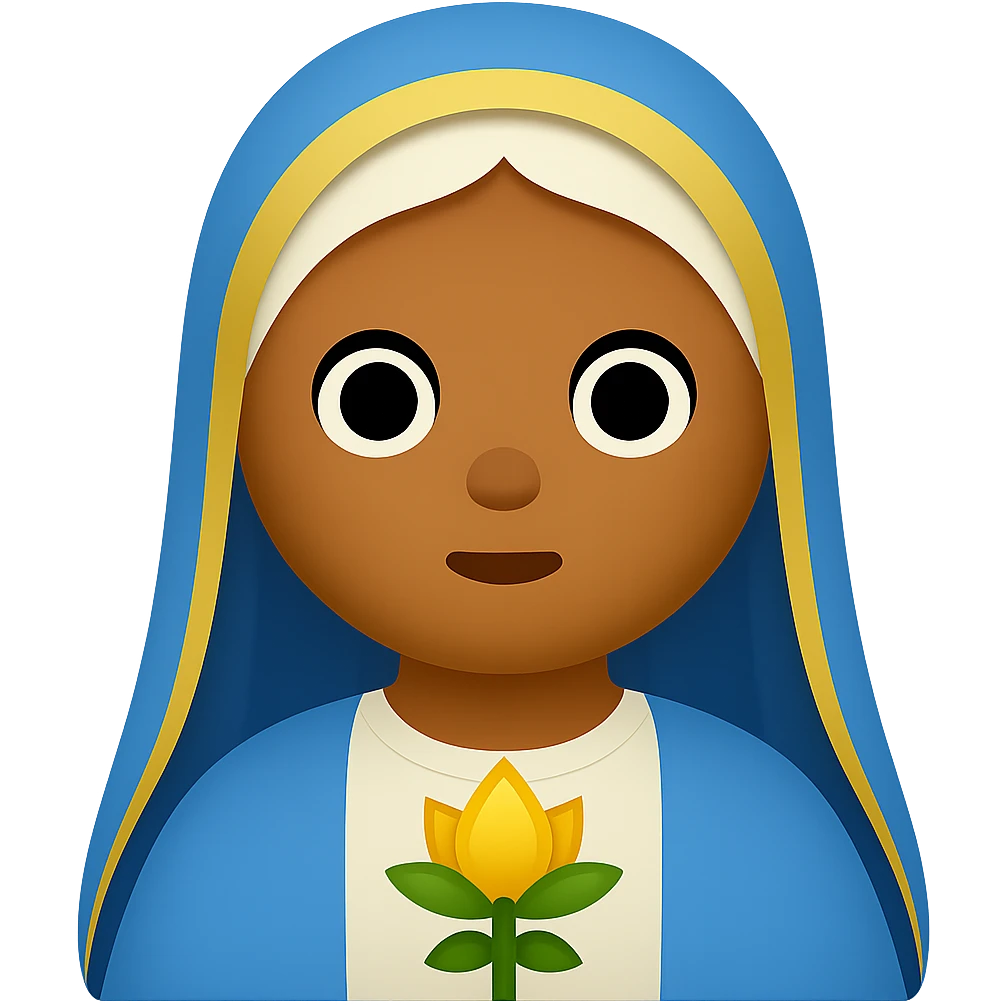 Edit the image of Virgin Mary to have olive tanned skin with simplified emoji traits, a round face, minimal details, large eyes, and a small mouth. Remove the background. The style should resemble a simplified emoji look with minimal details and a clean appearance. emoji