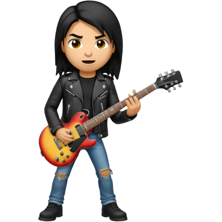 3D Apple-style emoji of a metal musician. Long hair, black leather jacket, ripped jeans, holding an electric guitar. Intense expression, glossy, rounded, smooth, soft shadows, white background.









 emoji